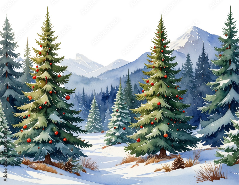 Fototapeta premium Watercolor Christmas Tree Pattern with Pine Details, Transparent PNG