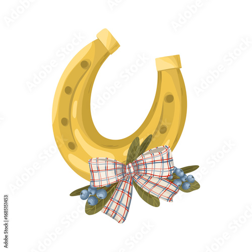 Golden horseshoe with a bow vector illustration. This hand-drawn design, featuring a lucky horseshoe decorated with a festive plaid bow and blue berries, is perfect for folk, rustic