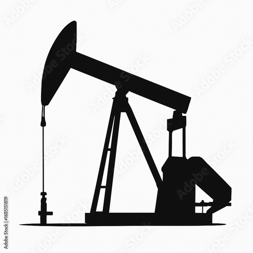 Black silhouette of an oil pump jack isolated on white background. Industrial oil drilling concept.