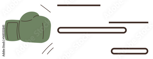 Green boxing glove in a strong punch, motion lines signify speed and force. Ideal for sports, competition, strength, aggression, motivation, success and energy concepts. Simple flat metaphor