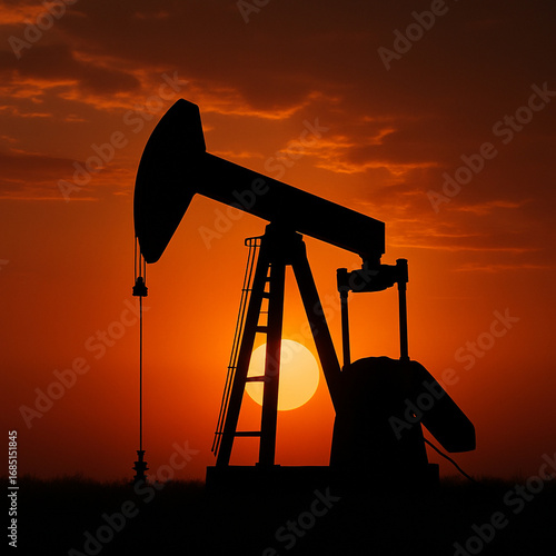 Silhouette of an oil pump jack against a vibrant sunset sky. Fossil fuel industry and energy production theme.

