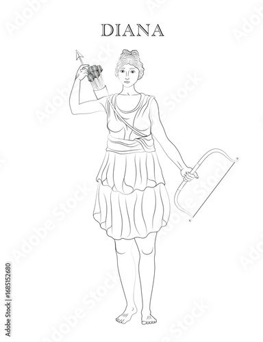 Vector illustration of Diana, the goddess of the hunt, wild animals, fertility, and the Moon.