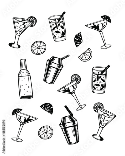 Hand-Drawn Style Cocktail Bar Collection Set