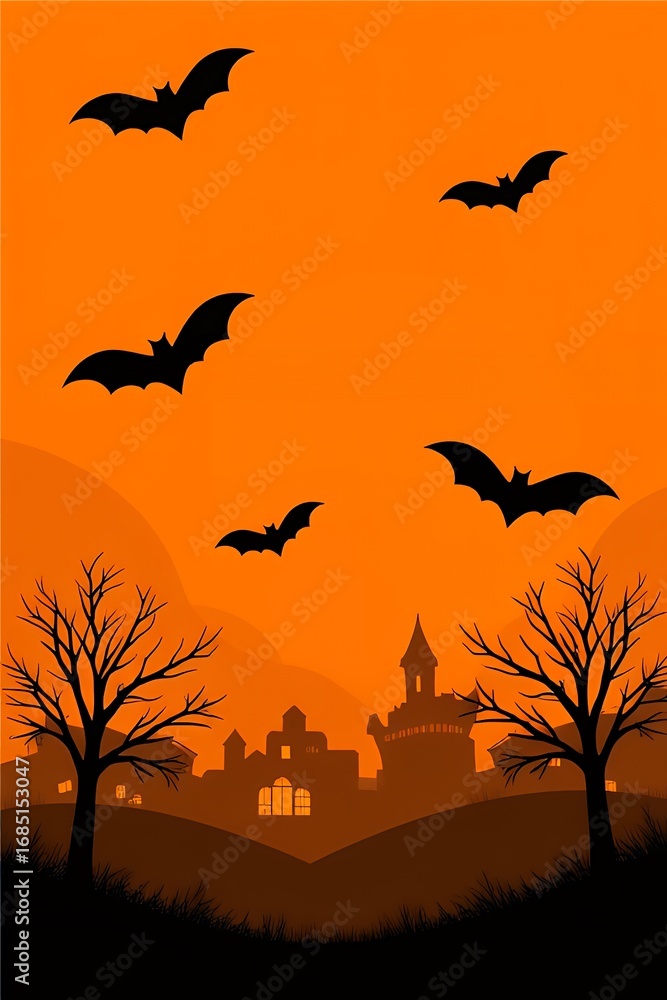 Fototapeta premium Halloween Silhouette: Bats Flying Over Spooky Village