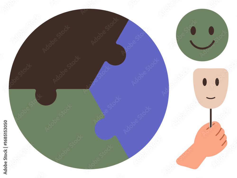 A puzzle globe highlights connection and unity, while smiling face masks in hand signify emotional balance and mental health. Ideal for teamwork, empathy, therapy, diversity, emotions, identity A puzzle globe highlights connection and unity, while smiling face masks in hand signify emotional balance and mental health. Ideal for teamwork, empathy, therapy, diversity, emotions, identity