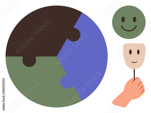A puzzle globe highlights connection and unity, while smiling face masks in hand signify emotional balance and mental health. Ideal for teamwork, empathy, therapy, diversity, emotions, identity