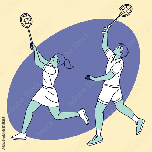 Flat color minimal vector of badminton doubles team