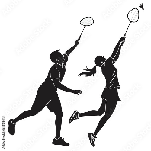 Black silhouette vector of mixed doubles badminton team