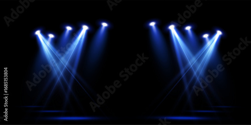Spotlights of bright blue light with isolated place for stage and presentations. Vector glowing spotlight light effect with transparent beams. 