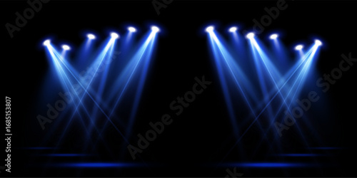 Spotlights of bright blue light with isolated place for stage and presentations. Vector glowing spotlight light effect with transparent beams. 