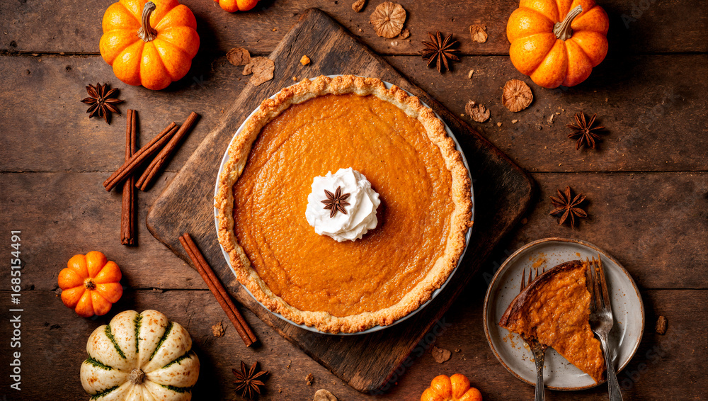 Fototapeta premium Pumpkin pie on a wooden table, cinnamon sticks and small decorative pumpkins placed around. High quality photo