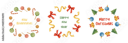 Christmas frame with fir tree, bow, bells, balls, candies. Cute watercolor style, isolated on white background. Hand drawn clipart, greeting cards, posters, wrapping paper and holiday design.