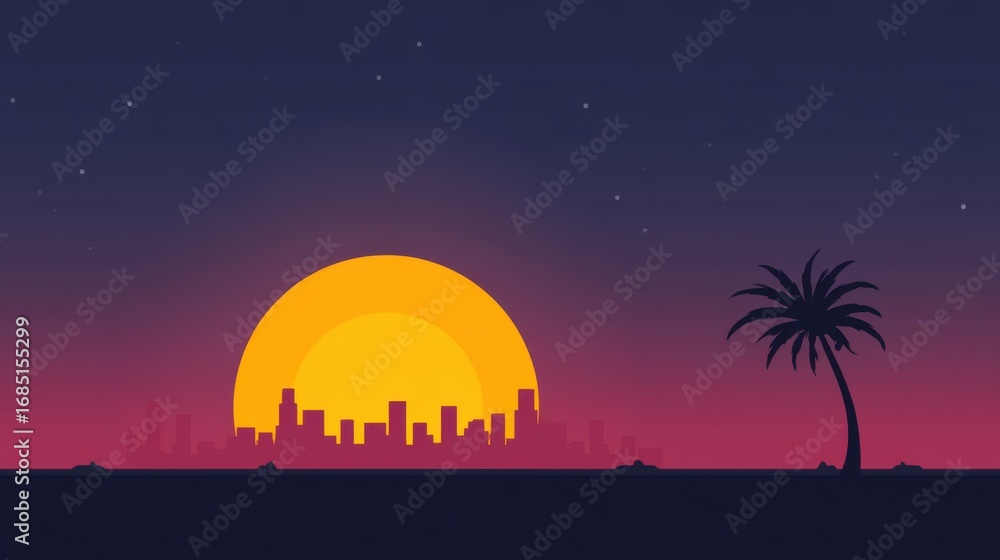 Obraz premium Sunset over city skyline urban landscape digital art night view tranquil atmosphere