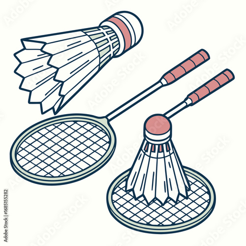 Badminton shuttlecock and rackets in isometric style