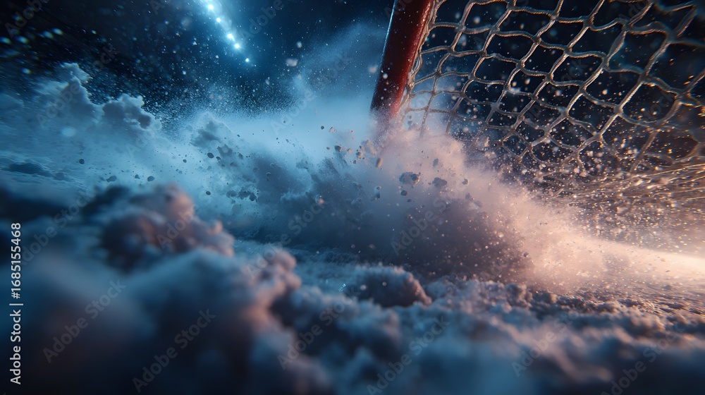 Fototapeta premium High-speed action photograph of a hockey puck hitting the back of the goal net, creating an explosive spray of ice that sparkles under dramatic blue arena lighting.