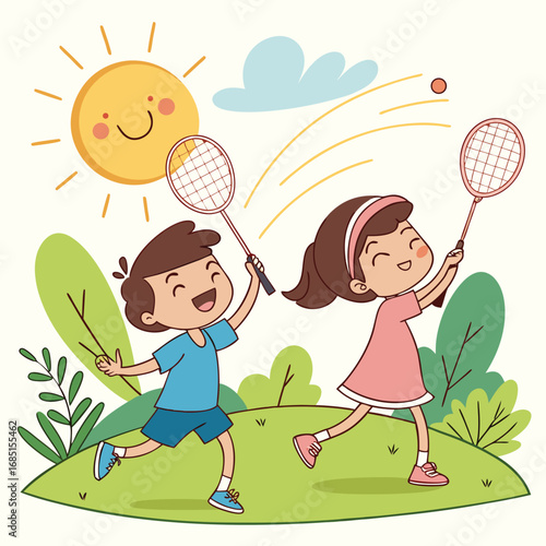 Cute kids playing badminton vector illustration