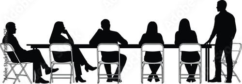 Black and white business meeting silhouette with people sitting around table and leader standing, teamwork discussion, corporate communication vector illustration