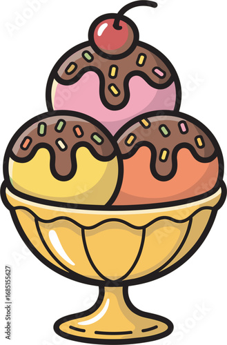 Delicious Ice Cream Sundae with Chocolate Sauce and Cherry Topping