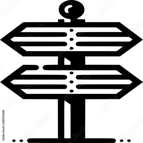 Navigational Direction Sign: A minimalistic black and white graphic of a direction sign, pointing towards two opposite directions. Designed with clean lines and a modern aesthetic. 