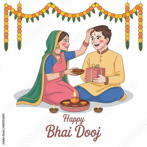 Happy Bhai Dooj Festival Illustration with Sister Applying Tilak to Brother