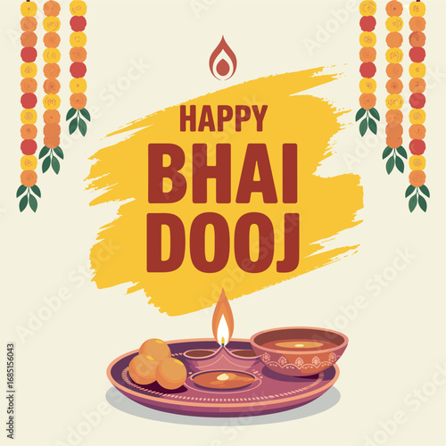 Happy Bhai Dooj Festival Illustration with Sweets and Lit Oil Lamp