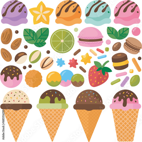 Variety of Ice Cream Flavors and Toppings on Transparent Background Art