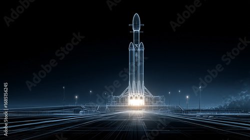 Wireframe blueprint of a rocket on a launchpad with a glowing engine, representing the MVP concept.