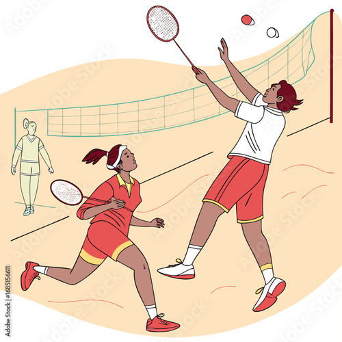 Vector illustration of badminton doubles match action