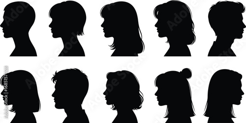 Black silhouette profiles of diverse male and female heads with various hairstyles, side view vector illustration for business, identity, design concepts