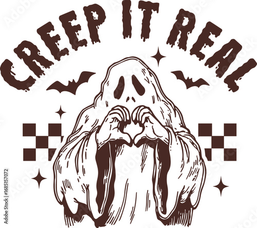 Creep It Real – Funny Ghost Doing Heart Hand Pose with Bats and Spooky Theme, Cute Halloween Quote Illustration for October Fashion and Decor