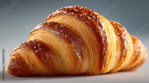 Golden brown croissant glistening with sugar crystals in a studio setting