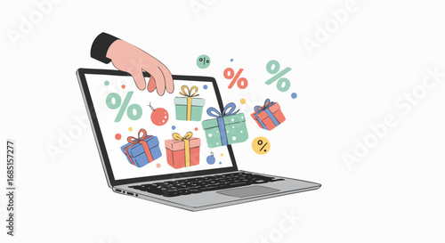 A hand reaches into a laptop screen, with colorful gift boxes and discount symbols