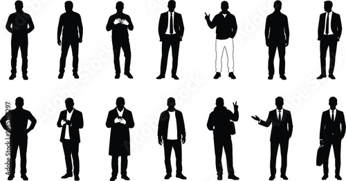 Black silhouette profiles of twelve people in varied poses wearing casual, formal, and outerwear clothing, expressing gestures and fashion diversity