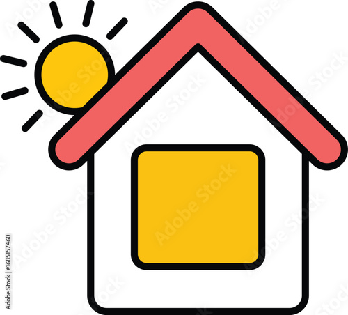 Simple cartoon house with sun and window on white background home building