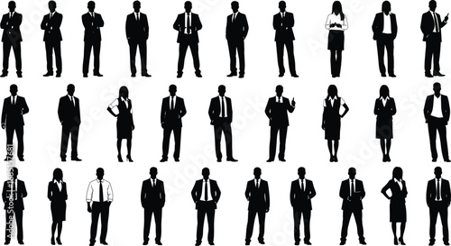 Black silhouette vector illustration of diverse business professionals in various postures and attire, representing corporate diversity, workplace roles, and professional fashion