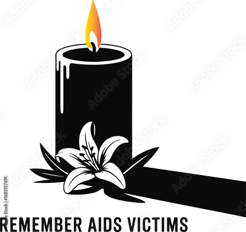 A black candle burns brightly next to a white lily and leaves, symbolizing remembrance for AIDS victims.