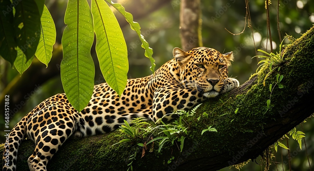 Obraz premium Majestic leopard resting peacefully on a moss-covered branch in a lush rainforest, bathed in dappled sunlight