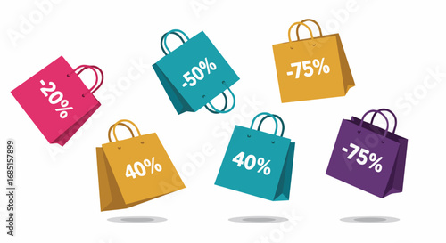 Colorful shopping bags with discount percentages on a white background