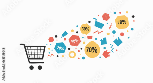 Dynamic vector graphic of a shopping cart with colorful abstract shapes and percentage discount tags