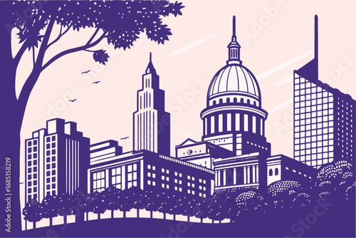 Elegant cityscape illustration featuring classic and modern architecture in a stylized graphic design with a tree silhouette adding a natural touch to the urban environment