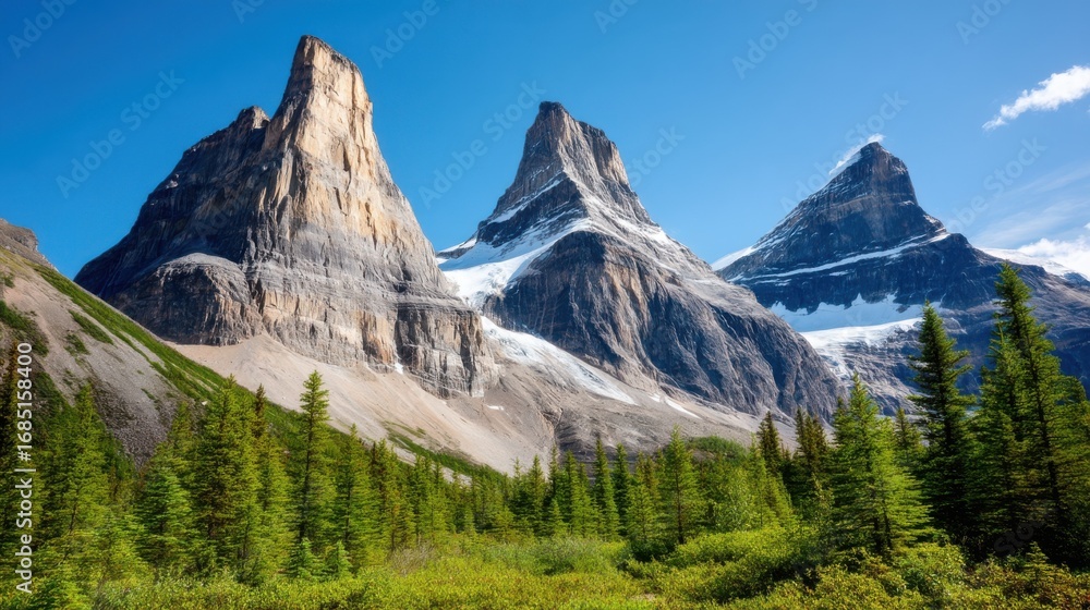Fototapeta premium Majestic mountain peaks surrounded by lush forest canadian rockies nature photography bright day clear view scenic beauty