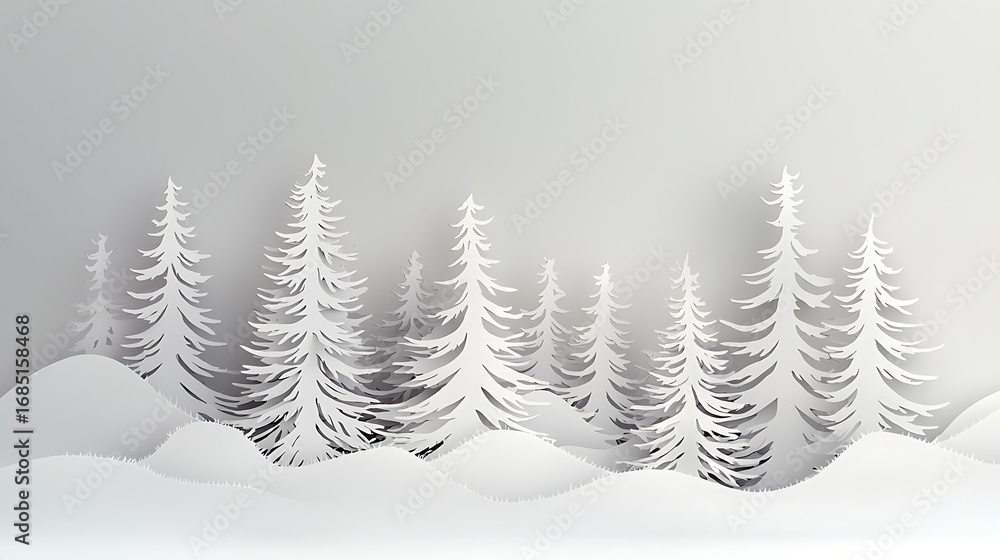 Obraz premium Winter Forest Landscape Minimalist paper cut style with snow covered trees and a serene, frosty atmosphere, perfect for backgrounds