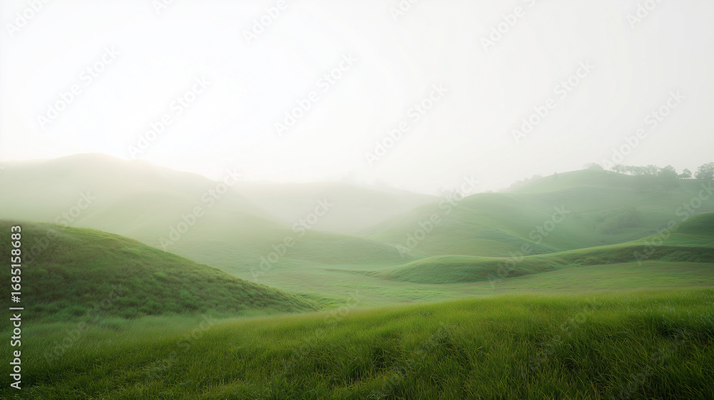 Fototapeta premium Rolling green meadow hill covered in morning mist with soft sunlight, serene landscape and gentle grass slope
