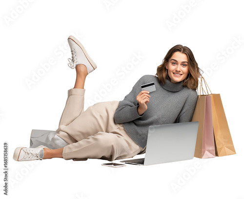  a woman lying on the floor with a laptop, holding a credit card in one hand and shopping bags near her leg, with a smiling face, on a transparent background, in png format.