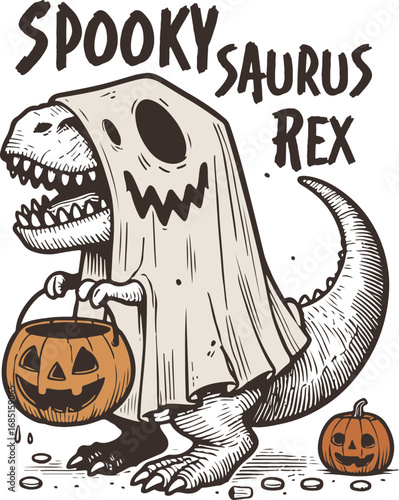 Spookysaurus Rex – Cute T-Rex Dinosaur in Ghost Costume Holding Pumpkin Bucket, Funny Halloween Illustration for Kids and Dinosaur Lovers