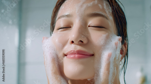 自宅のバスルームで泡立つ洗顔フォームを使う女性のアップ—リラックスした表情のスキンケア・美肌ケアシーン
