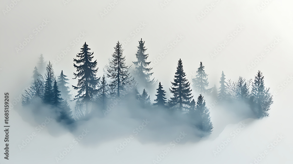 Fototapeta premium Mysterious silhouette of an evergreen forest shrouded in ethereal blue fog, a tranquil and atmospheric wilderness landscape