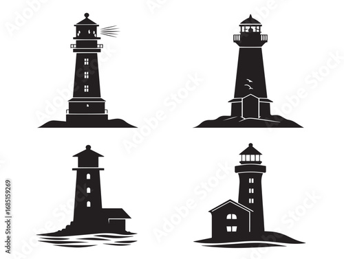 Majestic lighthouse silhouette icons elegant vector coastal design