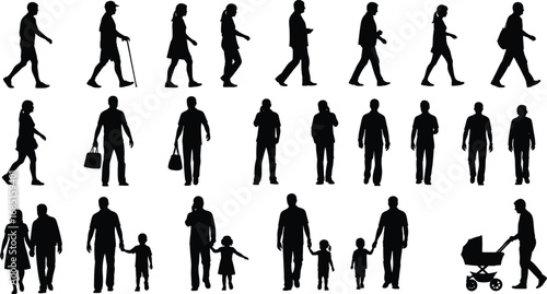 Black silhouettes of people in various poses, walking, standing, family groups, daily activities vector illustration for business, community design concepts
