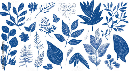 Collection of hand drawn blue botanical elements featuring various leaves and floral motifs
